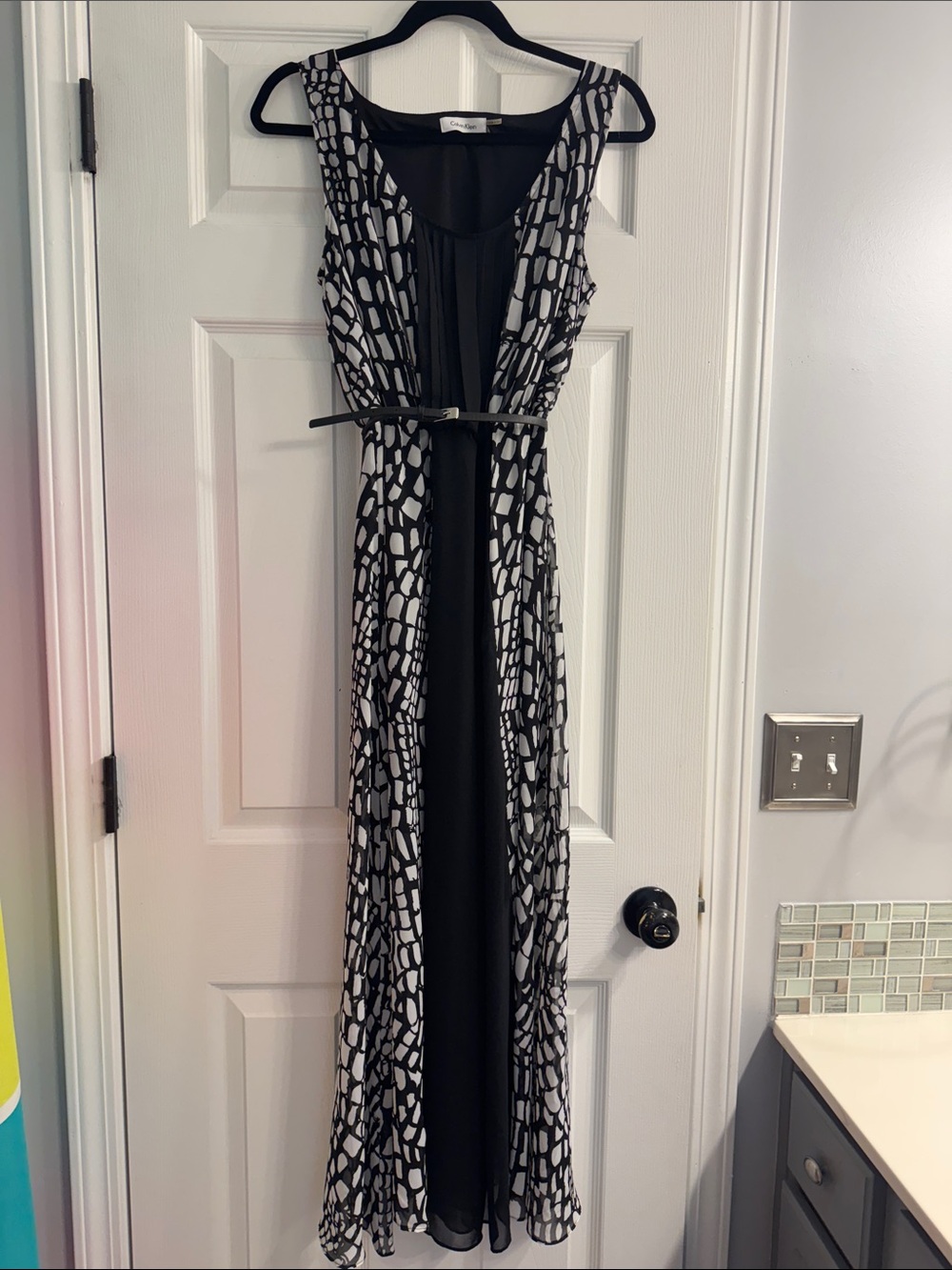 Calvin Klein Black and White Sleeveless Maxi Dress with Waist Belt